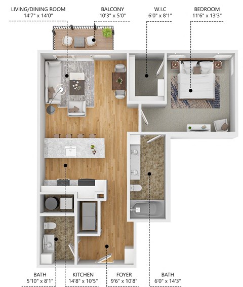 Floor plan for 1 bed, 1.5 baths, 880 sqft